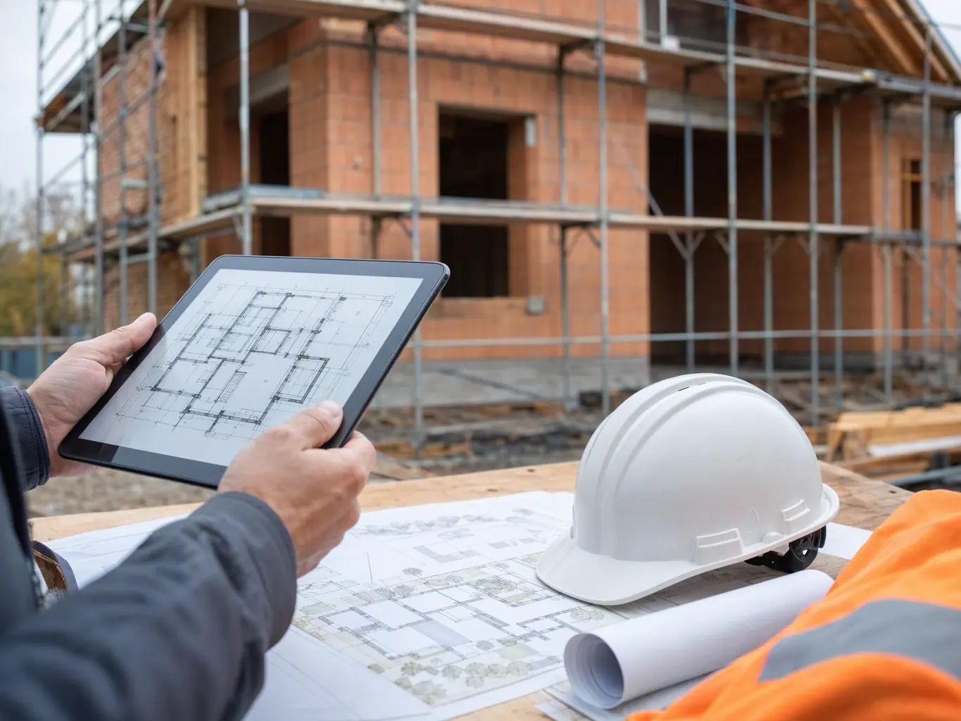 Bauleiter prüft auf der Baustelle einen Grundriss auf dem Tablet, im Hintergrund ein Rohbau mit Gerüst
