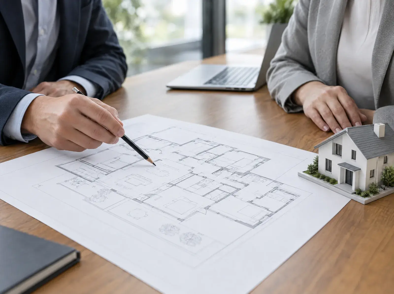 Beratungsgespräch mit Bauplan und Immobilienmodell
